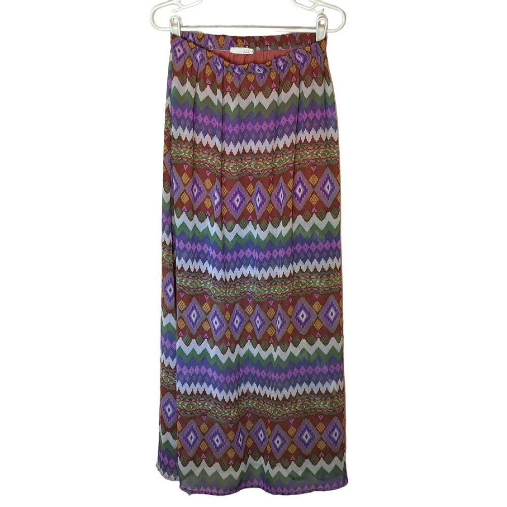Lush Maxi Skirt Womens Medium Sheer Lined To Above Knee Aztec Print Purple Green